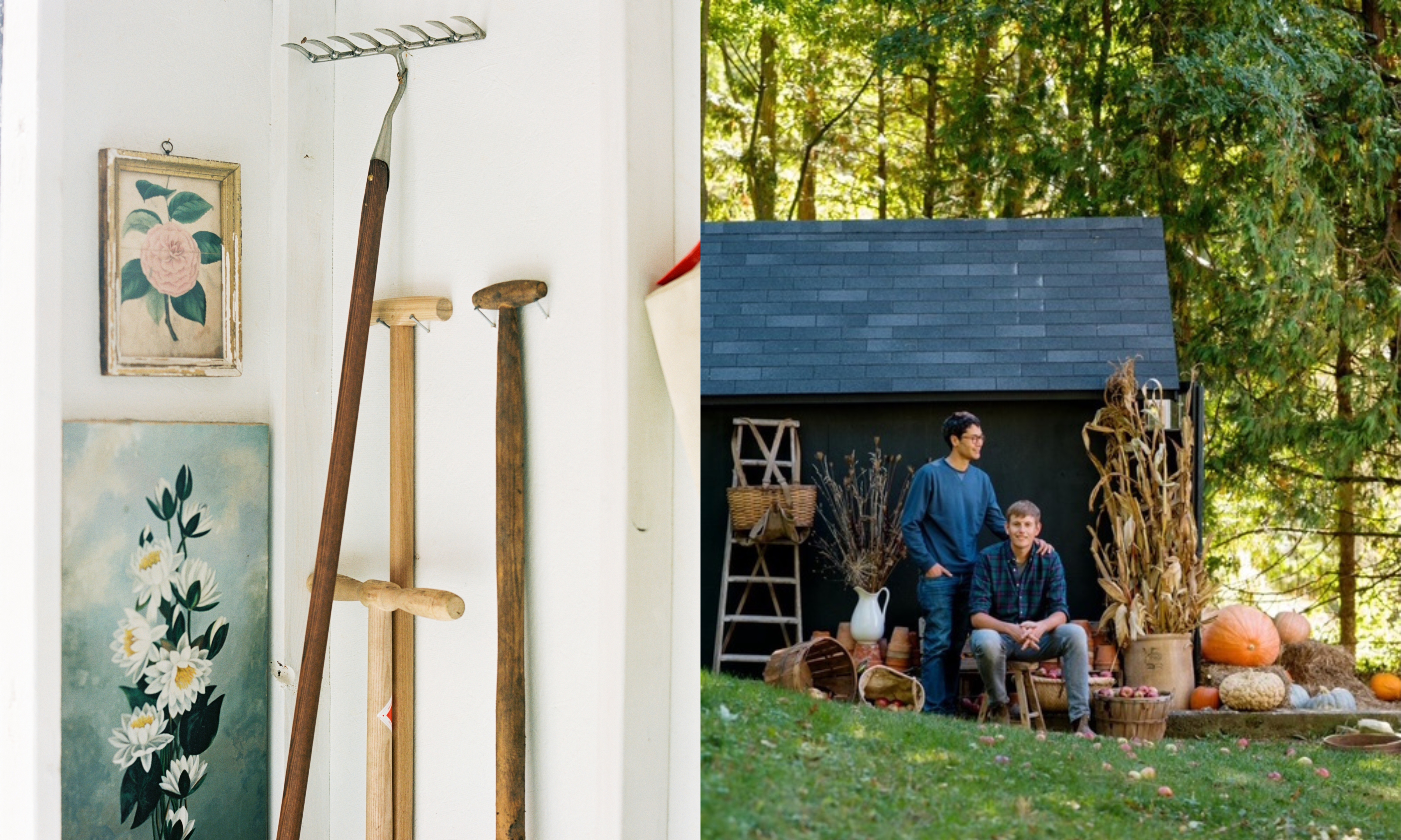 Composite image of gardening tools against white wall, and two men outside a garden shed with vintage baskets and pumpkins