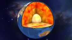 Internal structure of the Earth, cutaway computer illustration. From the centre outwards, the four layers shown in the image are: inner core, outer core, mantle, and crust.