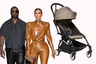A collage of Kim and Kanye and a Babyzen YOYO