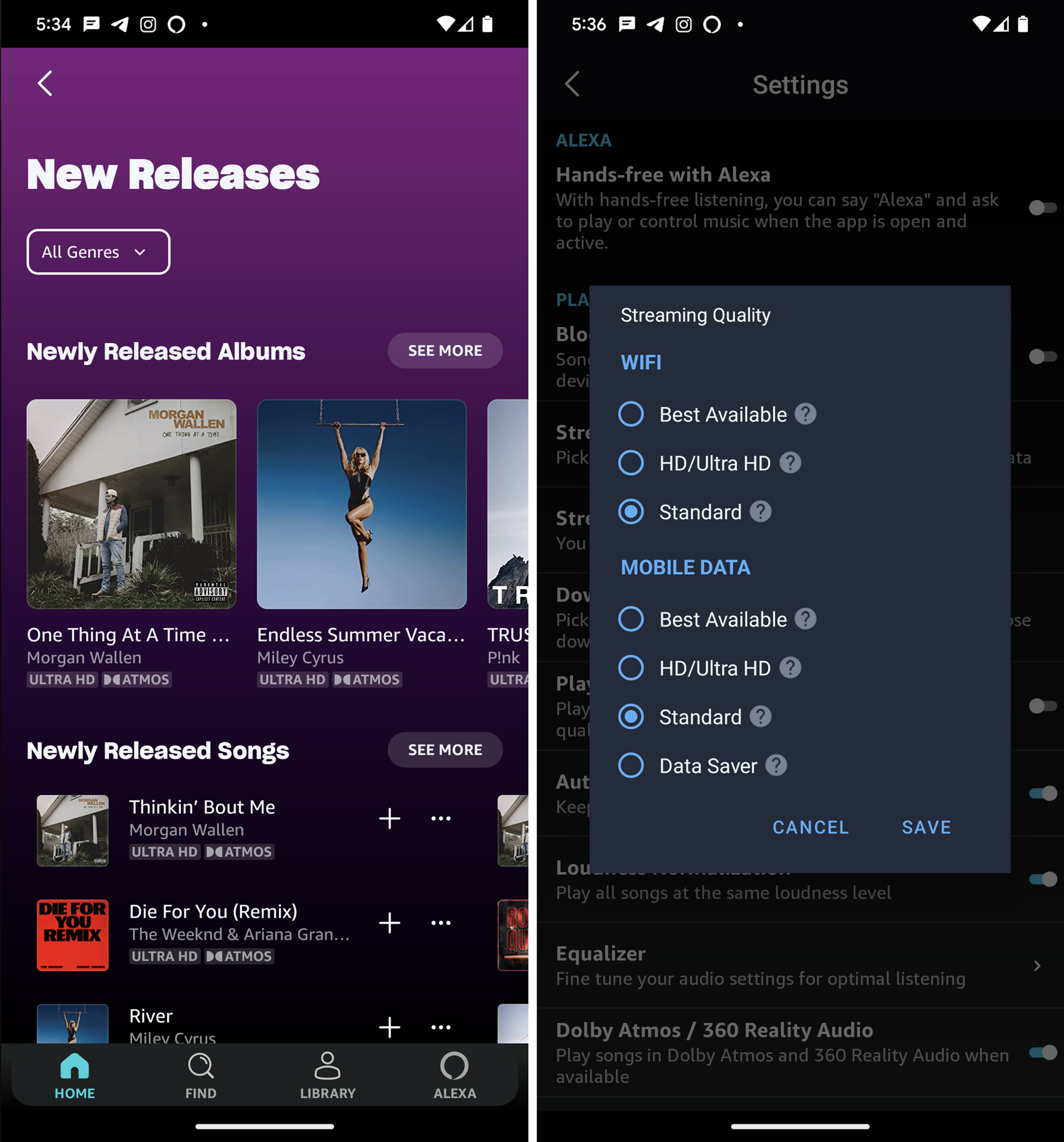 Screenshots from Amazon Music showing Ultra HD selections.