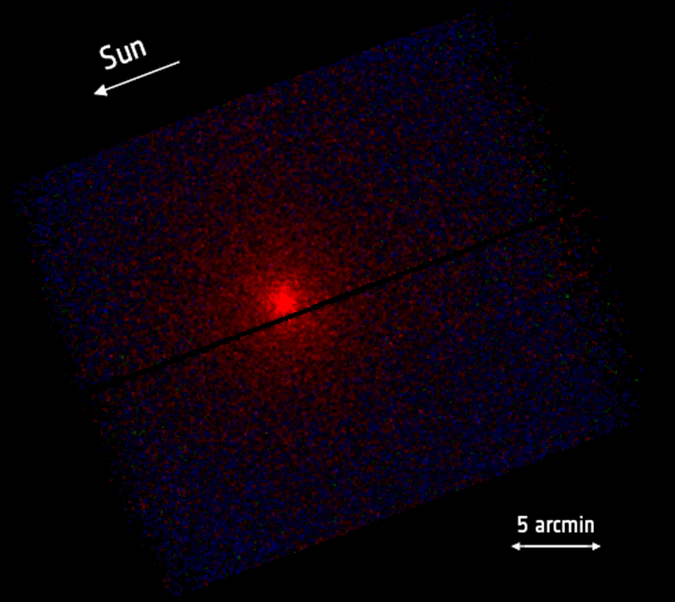 This image shows an X-ray view of interstellar comet 3I/ATLAS, captured by ESA&amp;rsquo;s XMM-Newton spacecraft. At the centre of the image, a bright red spot stands out against a dark background, like a fiery beacon. Starting from this core, faint gradients of purple and blue spread outward, creating a slightly rotated rectangular frame, divided by a thin horizontal line, the detector gap. The red colour shows low-energy X-rays, blue marks empty space with very few X-rays. A yellow arrow labelled &amp;ldquo;Sun&amp;rdquo; points left, indicating the comet&amp;rsquo;s orientation in the Solar System. At the bottom right, a scale marker reads &amp;ldquo;5 arcmin&amp;rdquo;, providing a sense of spatial dimension.
