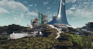 Starfield gameplay of capital city New Atlantis.