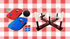 Backyard games for adults, including a cornhole set and a ring toss on a red and white gingham picnic style background