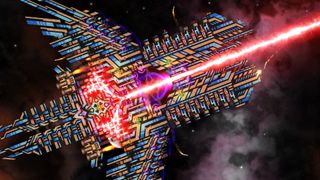 A spaceship firing a huge spinal-mount laser in Cosmoteer