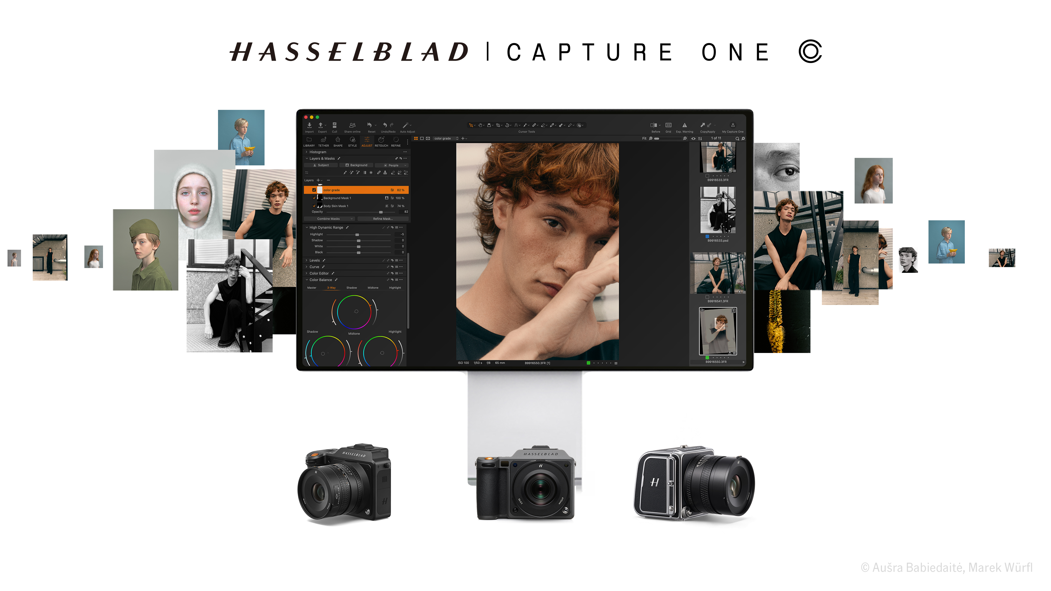 Three Hasselblad cameras alongside graphic overlay of the Capture One software and thumbnails, on a white background