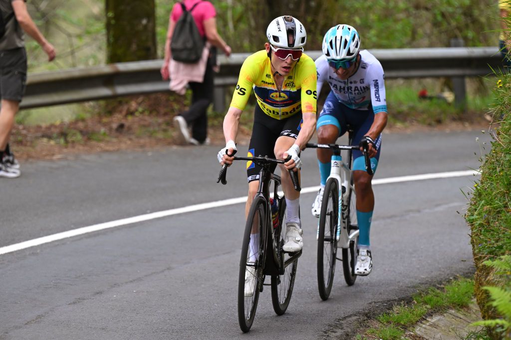 EIBAR SPAIN APRIL 06 LR Mattias Skjelmose of Denmark and Team Lidl Trek Yellow Leader Jersey and Santiago Buitrago of Colombia and Team Bahrain Victorious compete in the chase group during the 63rd Itzulia Basque Country 2024 Stage 6 a 1378km stage from Eibar to Eibar UCIWT on April 06 2024 in Eibar Spain Photo by Tim de WaeleGetty Images