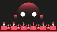 Employees working at the computers and giant robot behind them. Artifical intelligence, automation, machine learning concept. Vector illustration.