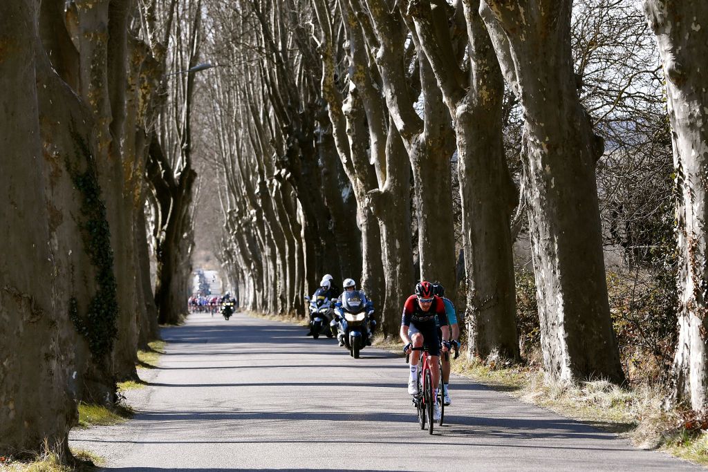MONTAGNE FRANCE FEBRUARY 13 Luke Rowe of United Kingdom and Team INEOS Grenadiers and Alexis Gougeard of France and Team BB Hotels PB KTM compete in the breakaway during the 6th Tour de La Provence 2022 Stage 3 a 1806km stage from Manosque to Montagne de Lure 1567m TDLP22 on February 13 2022 in Montagne France Photo by Luc ClaessenGetty Images