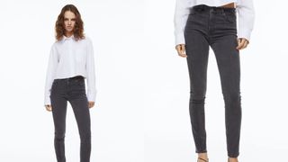 composite of model wearing Shaping Skinny Regular Jeans in grey
