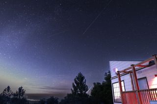 perseid meteors streak across the sky and a bright fireball is seen just heading behind the trees in the lower portion of the image. A building is illuminated to the right of the image.