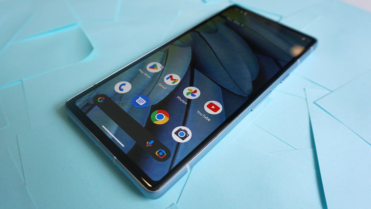 Google Pixel 7a review front angled perspective sticky notes