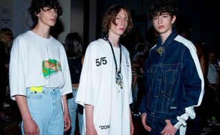 Models wear denim and plain t-shirts at Off-White S/S 2019