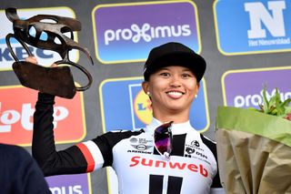 Coryn Rivera celebrates winning the 2017 Tour of Flanders