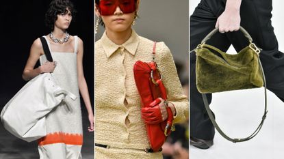 A composite of models on the runway showing autumn/winter handbag trends 2023