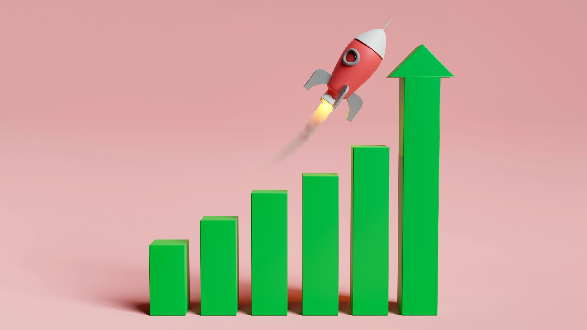 Rising chart with an arrow and a rocket flying over it