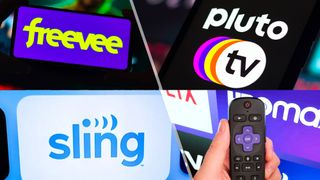 (Clockwise from top right): Pluto TV logo on a phone, a Roku remote in front of a TV, the Sling TV logo and the Freevee logo on a phone