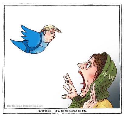 Political cartoon U.S. Trump Iran tweets
