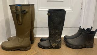 Three pairs of wellies before cleaning