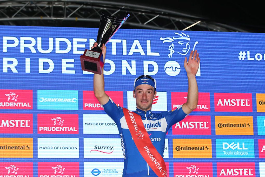 Elia Viviani on the 2019 RideLondon podium