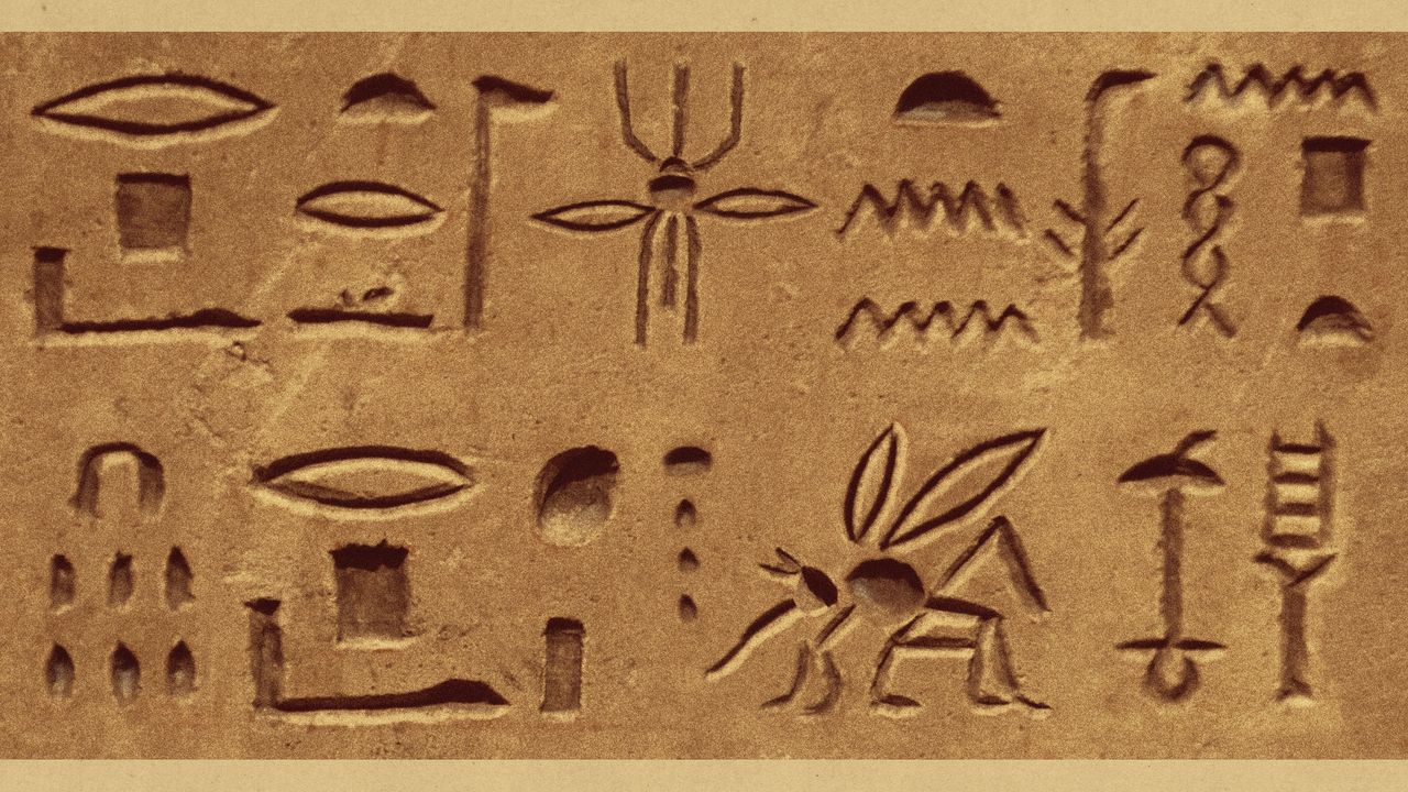 Photo collage of a wall of hieroglyphs with two mosquitoes among the carvings