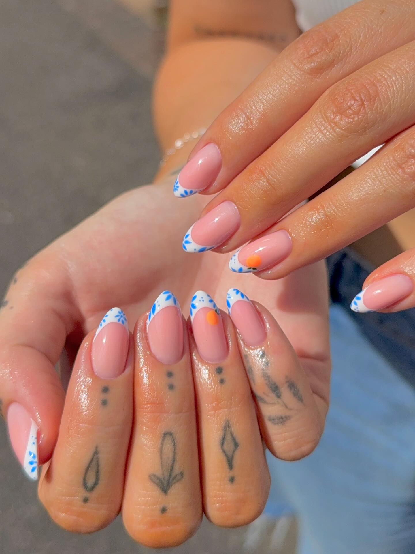short almond nail designs with italian print tips and fruit motif
