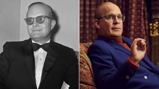 a black-and-white image of a man (truman capote) wearing a tuxedo and glasses next to a colored image of a man (tom hollander as truman capote) wearing a blue jacket, red turtleneck, and glasses, while holding his hand up
