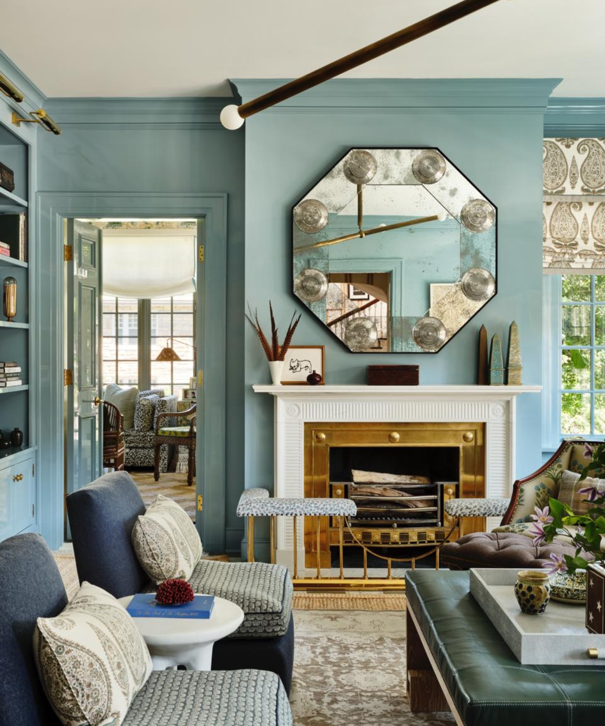 Blue living room painted in Smoke by Benjamin Moore