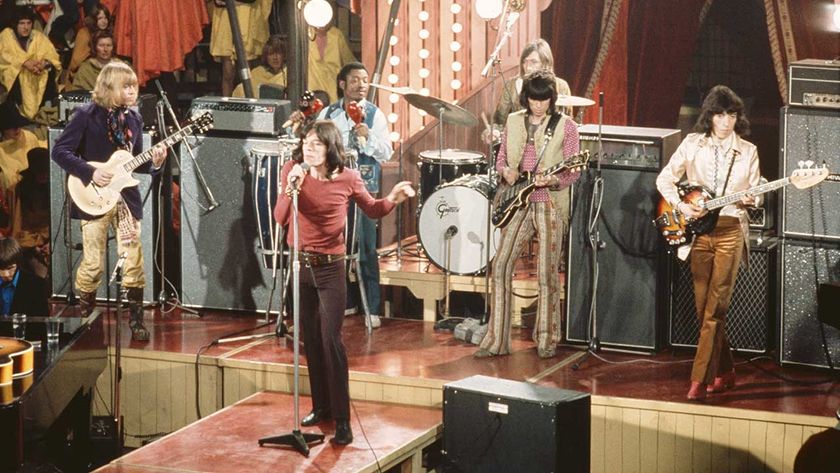 The Rolling Stones perform live on stage on the set of the Rolling Stones Rock and Roll Circus at Intertel TV Studio in Wembley, London on 11th December 1968
