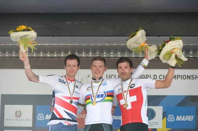 2013 elite men's time trial world championship podium (L-R): Bradley Wiggins, Tony Martin and Fabian Cancellara