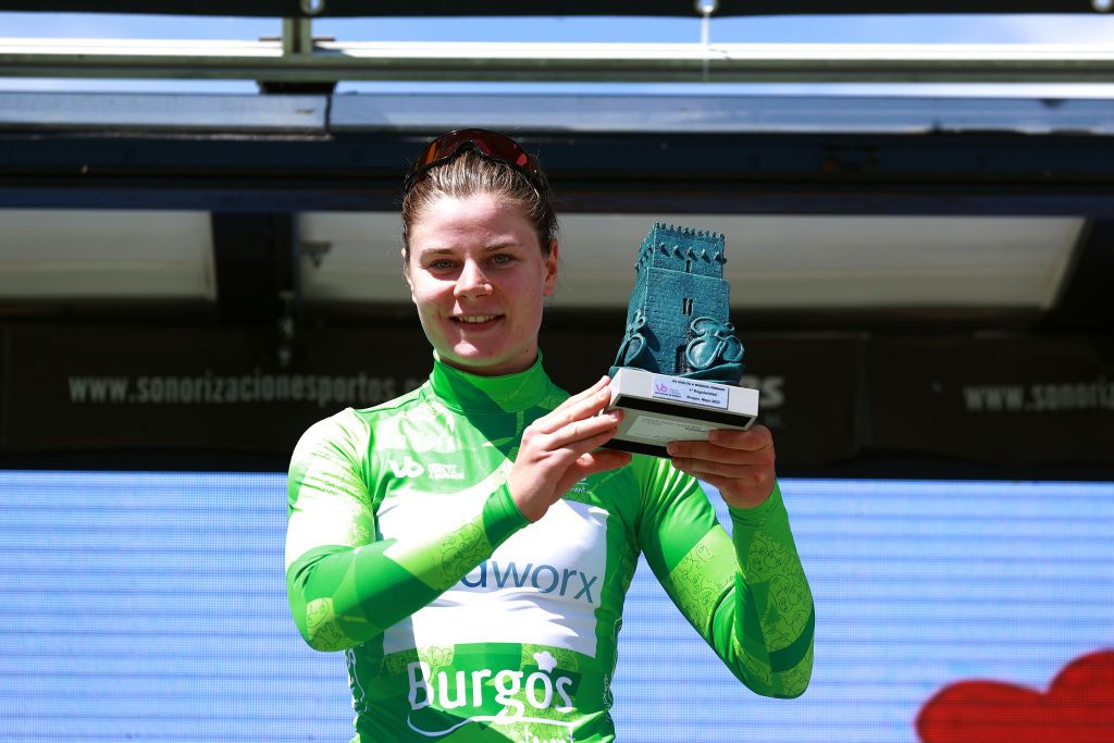 LAGUNAS DE NEILA SPAIN MAY 22 Lotte Kopecky of Belgium and Team SD Worx Green Points Jersey celebrates at podium during the 7th Vuelta a Burgos Feminas 2022 Stage 4 a 1251km stage from Covarrubias to Lagunas de Neila 1867m VueltaBurgos BurgosFem UCIWWT on May 22 2022 in Lagunas de Neila Spain Photo by Gonzalo Arroyo MorenoGetty Images