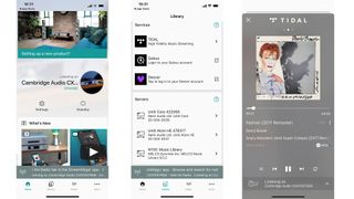 Three screenshots showing Cambridge Audio StreamMagic control app