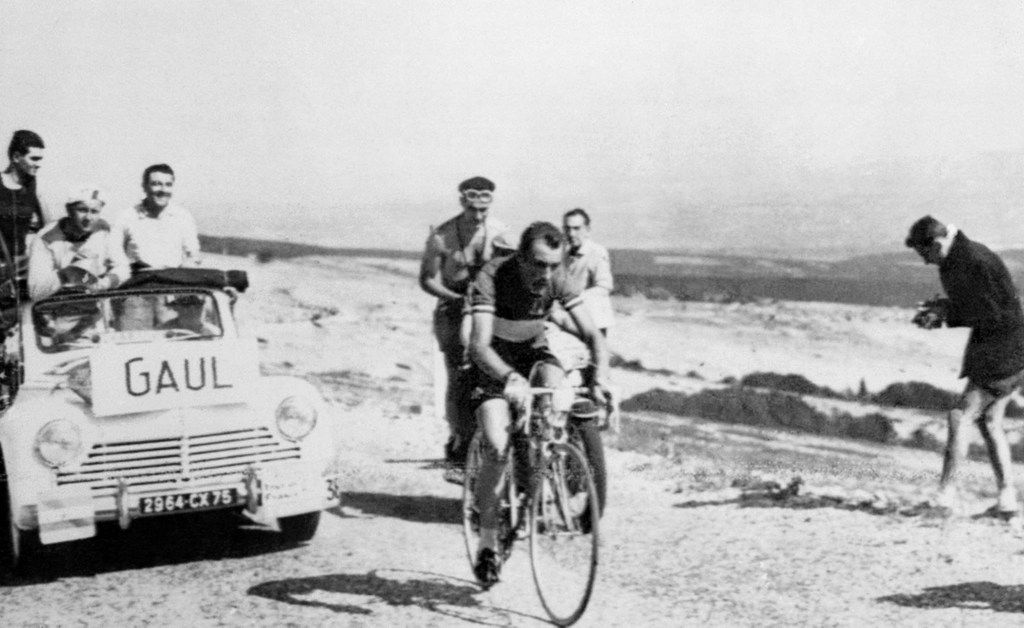 Charly Gaul riding to victory atop Mont Ventoux in 1958. The first time the Tour finished atop the 'Giant of Provence'
