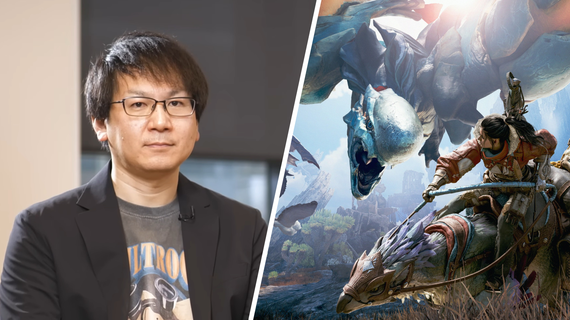 Monster Hunter Wilds: Ascendance director Takuro Hiraoka; a hunter being attacked by a flying monster in Ascendance.