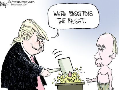 Political Cartoon U.S. President Trump Putin Russia relations reset button
