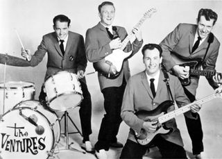1960: Drummer Howie Johnson, guitarist Don Wilson, bassist Nokie Edwards and guitarist Bob Bogle of the rock and roll band "The Ventures" pose for a portrait in 1960.