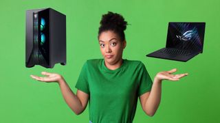A woman holding up both hands in a 'can't decide' expression with the Asus ROG Zephyrus M16 gaming laptop to her right and the MSI Aegis R gaming PC to her left.