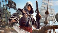 A pirate stands in front of ships holding a gun and sword