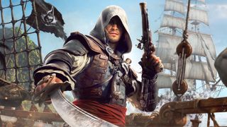 A pirate stands in front of ships holding a gun and sword