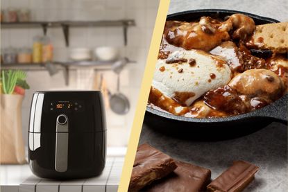 A collage of an air fryer and a smores dip