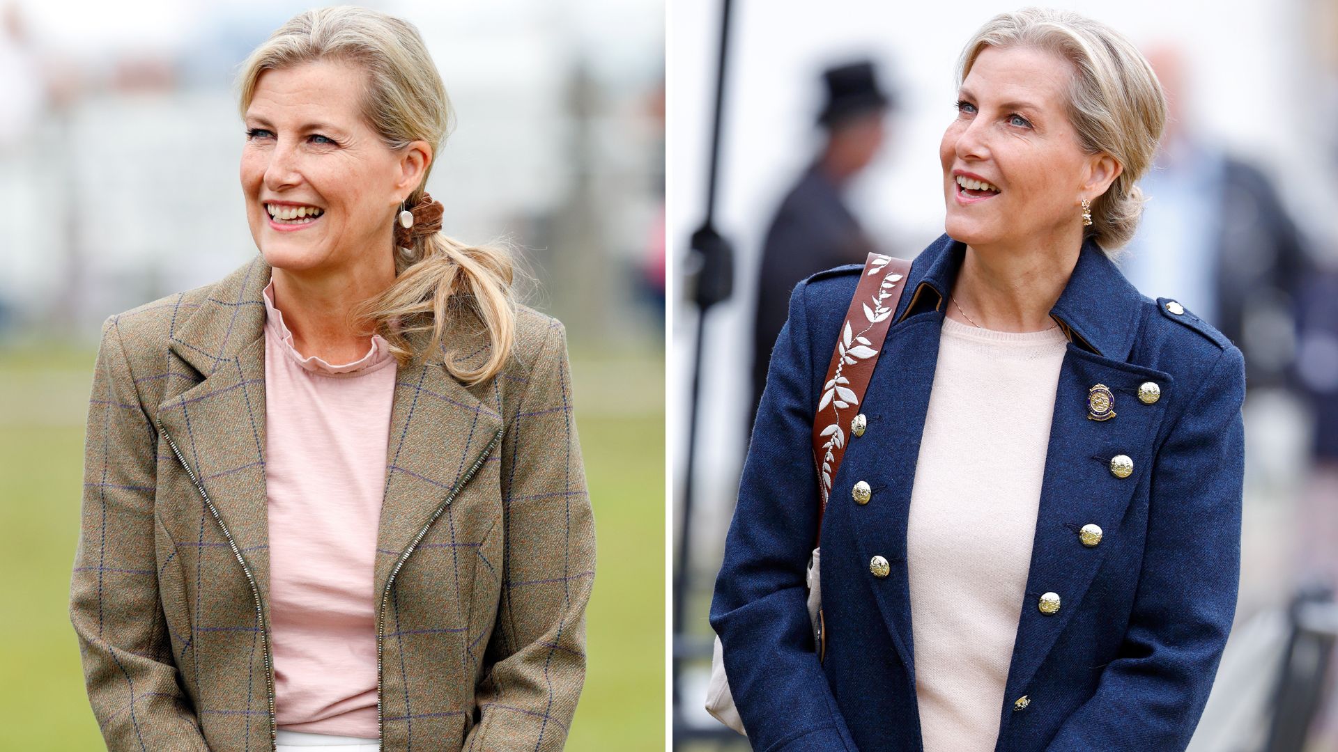 A composite of two pictures of Duchess Sophie wearing pink jumpers in 2021 and 2025