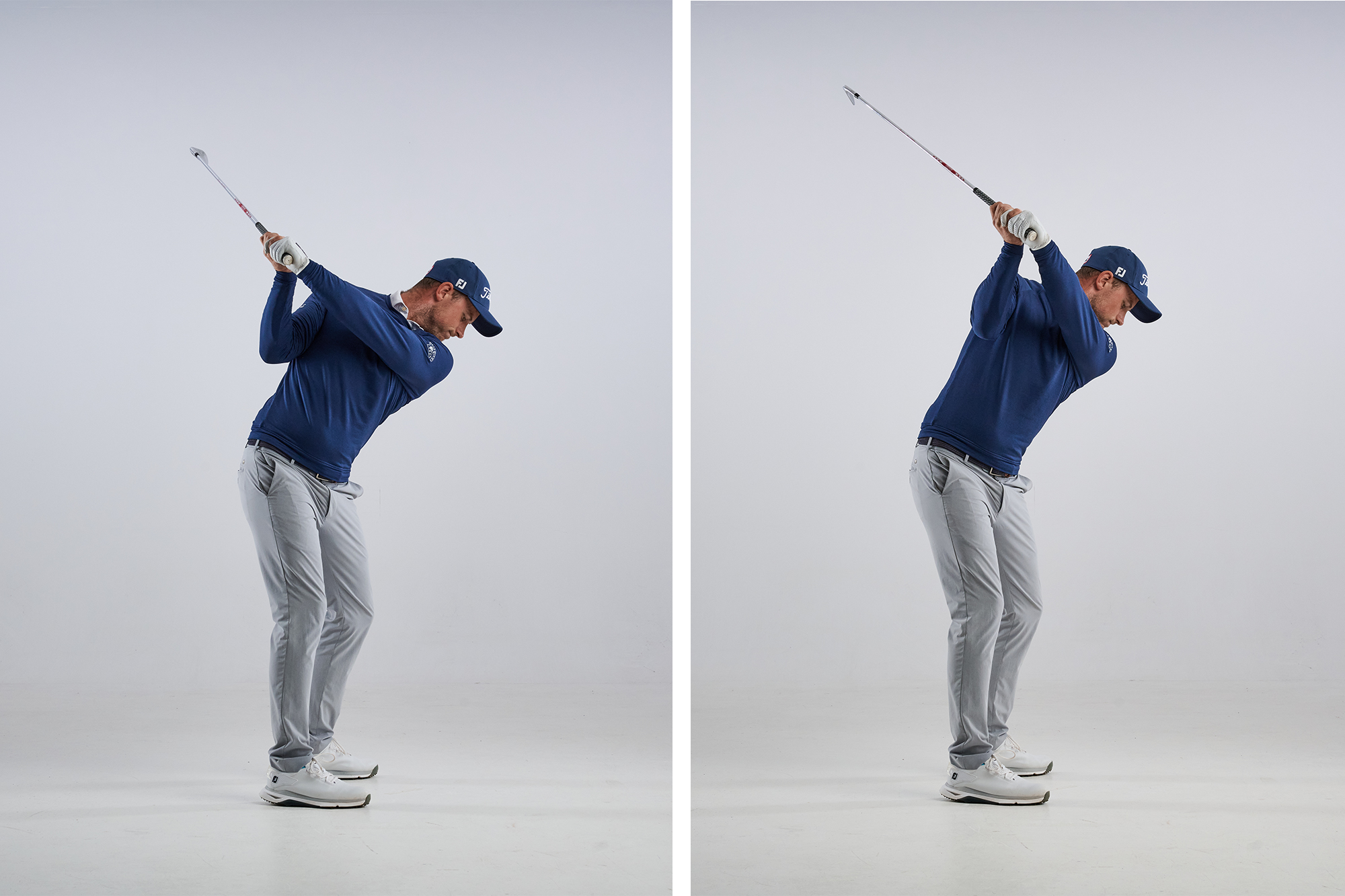 Alex Buckner demonstrating hands lower. and higher at the top of backswing