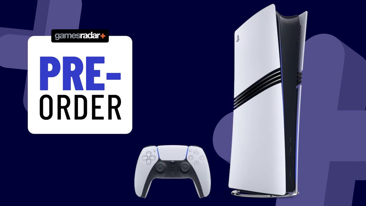 PS5 Pro on a dark blue background with pre-order badge