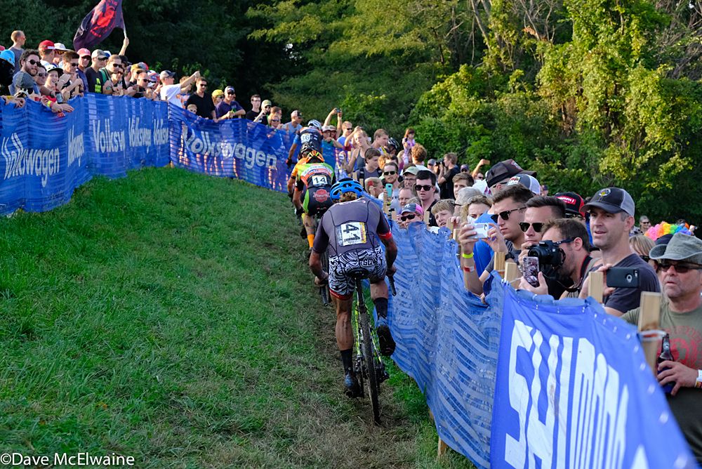 Anthony Clark (USA) riding a low line on one of the off-camber switchback descents