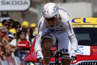 Time trial world champion Tony Martin (Omega Pharma-QuickStep) powers to the finish line in Mont-Saint-Michel