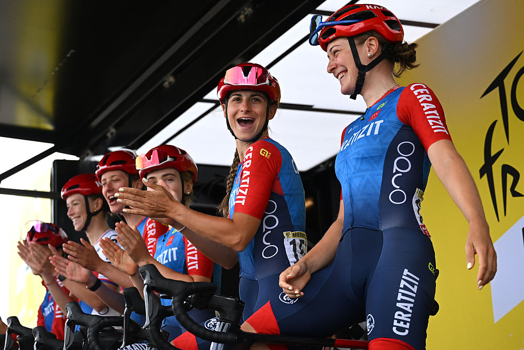 BREST, FRANCE - JULY 27: Dilyxine Miermont of France and Team CERATIZIT Pro Cycling (C) prior to the 4th Tour de France Femmes 2025, Stage 2 a 110.4km stage from Brest to Quimper / #UCIWWT / on July 27, 2025 in Brest, France. (Photo by Szymon Gruchalski/Getty Images)