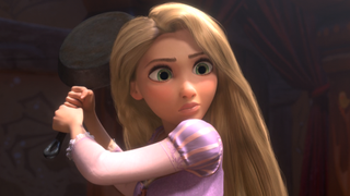 Rapunzel with a frying pan in her hands in Tangled