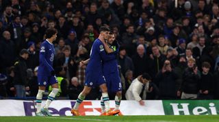Kai Havertz of Chelsea celebrates with his teammates after scoring his side's second goal, a penalty, during the UEFA Champions League last 16 second leg match between Chelsea and Borussia Dortmund at Stamford Bridge on March 7, 2023 in London, United Kingdom.