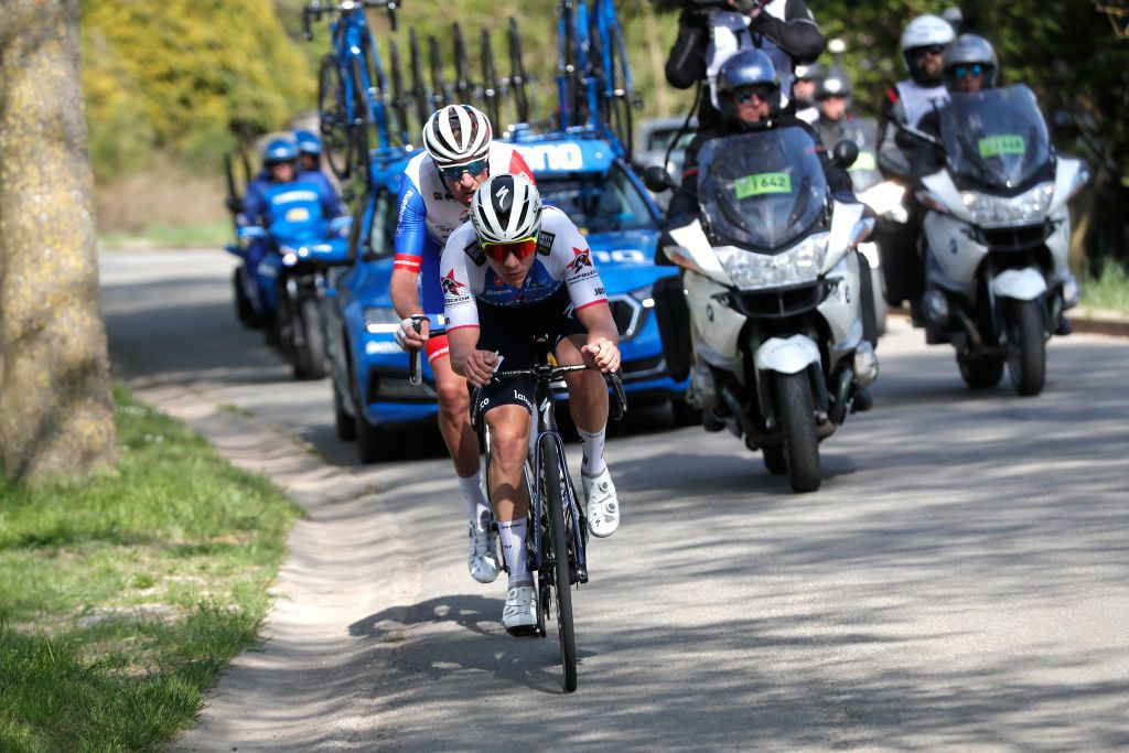 LIEGE BELGIUM APRIL 24 Remco Evenepoel of Belgium and Team QuickStep Alpha Vinyl and Bruno Armirail of France and Team Groupama FDJ compete in the breakaway during the 108th Liege Bastogne Liege 2022 Mens Elite a 2572km one day race from Lige to Lige LBL WorldTour on April 24 2022 in Liege Belgium Photo by Bas CzerwinskiGetty Images
