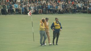 Open Championship 1970 at Old Course at St Andrews in St Andrews, Scotland, held 8th - 12th July 1970. Pictured, Doug Sanders congratulates Jack Nicklaus as they walk off the 18th green.