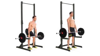 Man demonstrates two positions of the rack pull exercise